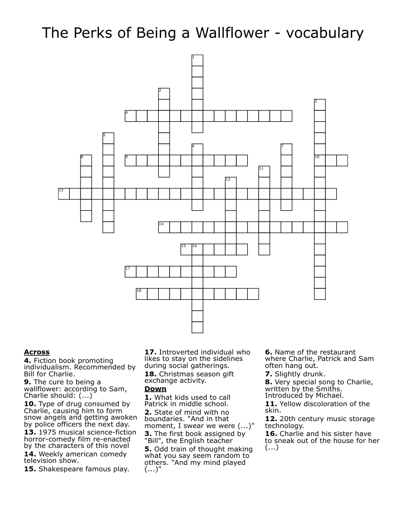 The Perks of Being a Wallflower - vocabulary Crossword