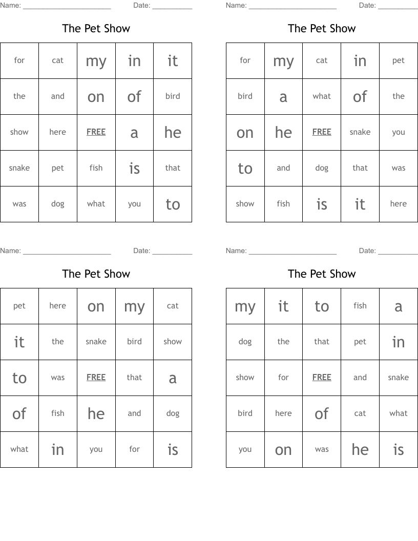 The Pet Show Bingo Cards