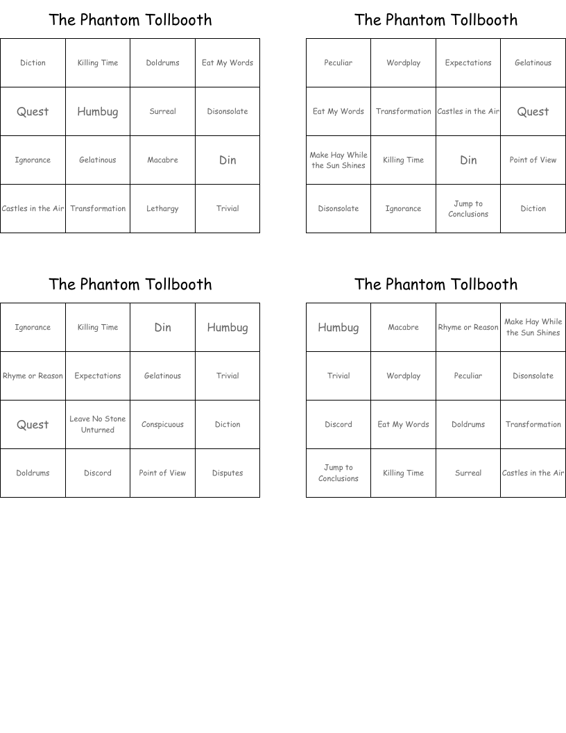 The Phantom Tollbooth Bingo Cards