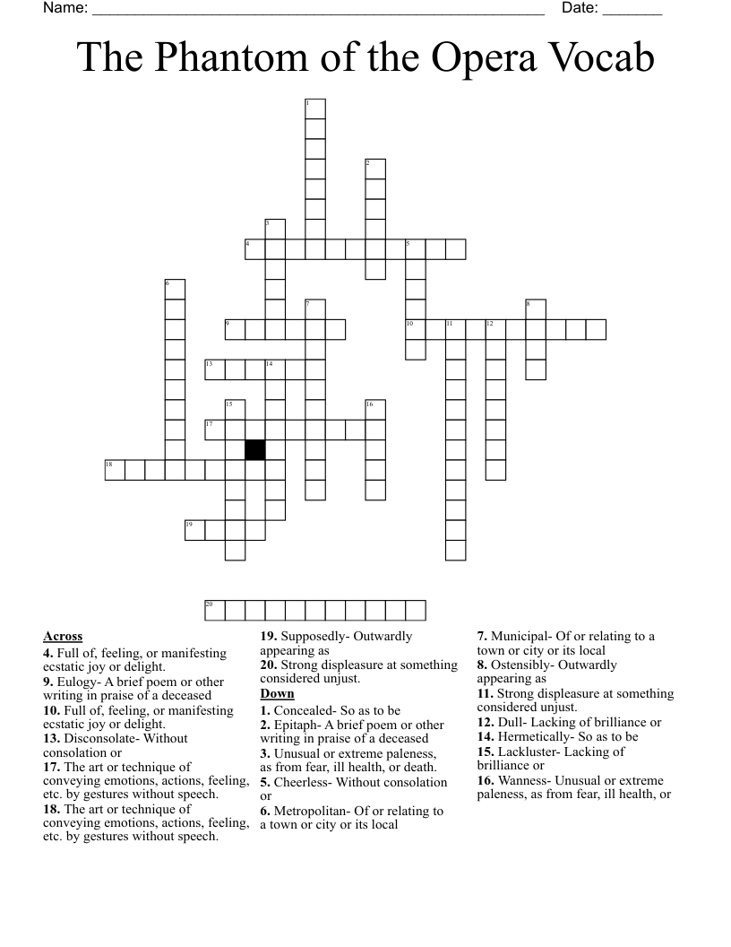 The Phantom of the Opera Vocab Crossword