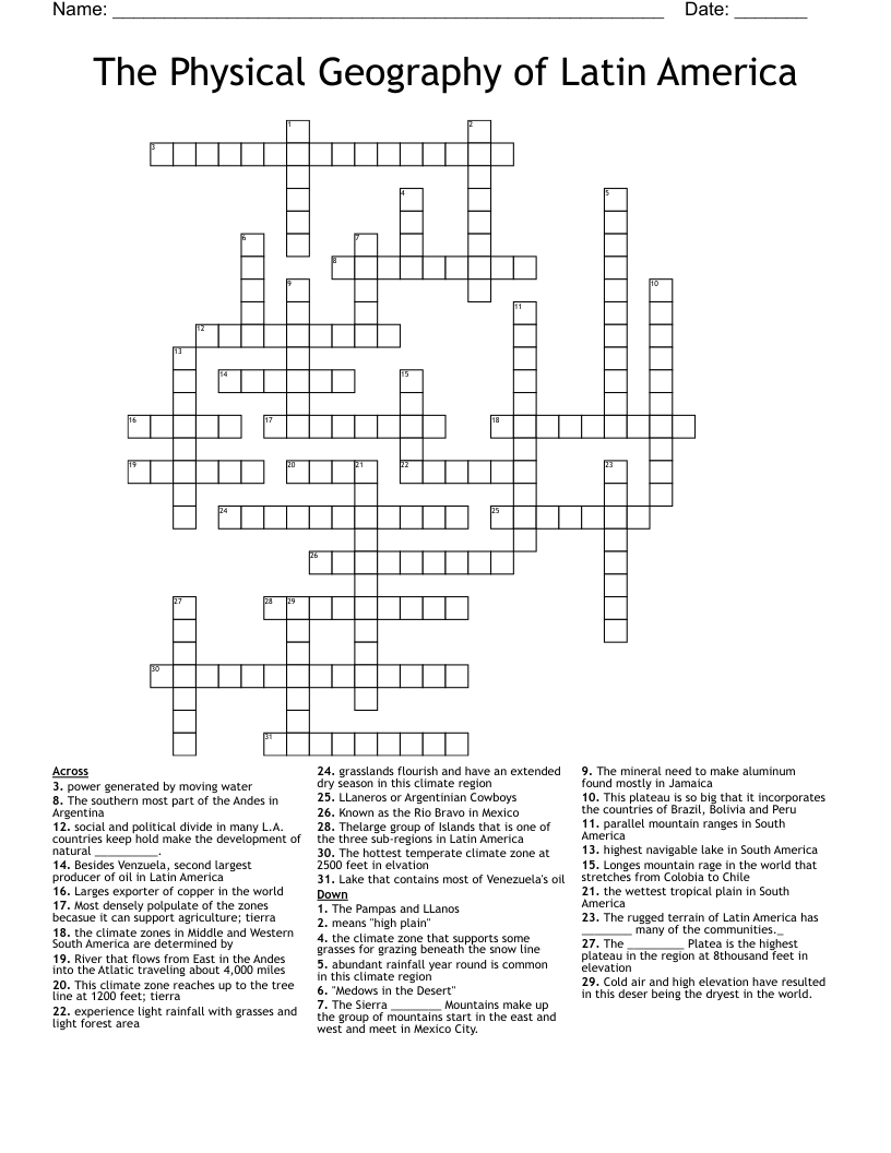 The Physical Geography of Latin America Crossword