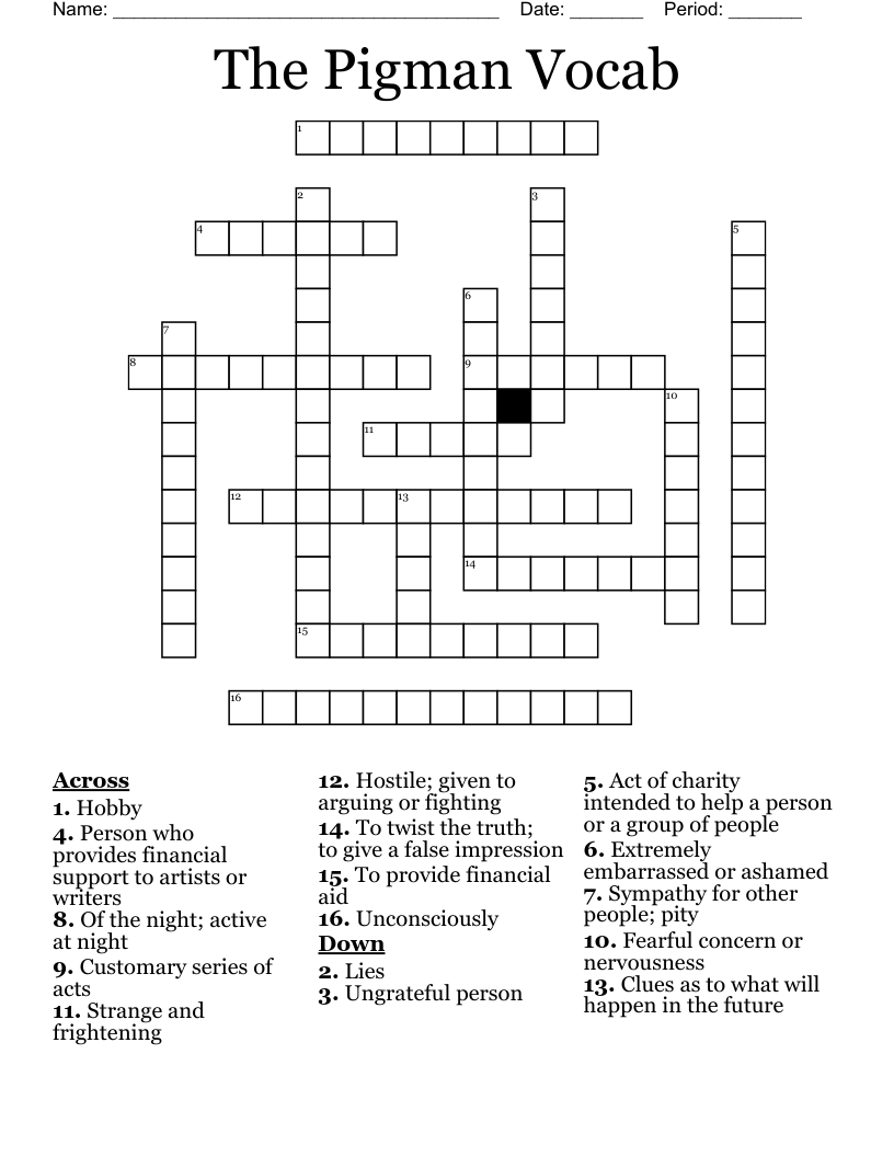 The Pigman Vocab Crossword