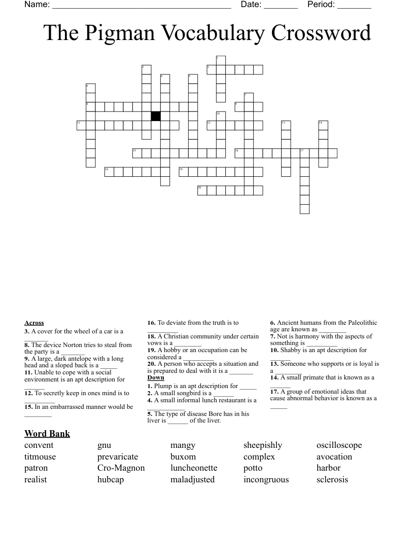 The Pigman Vocabulary Crossword