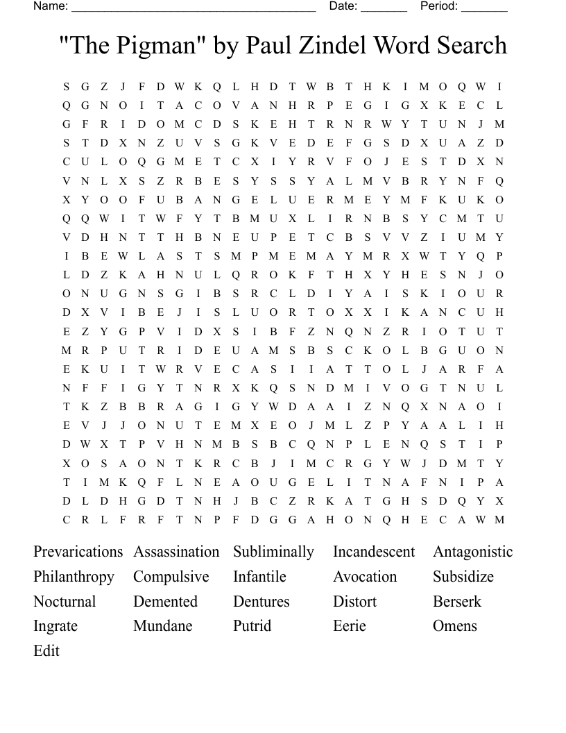 "The Pigman" by Paul Zindel Word Search