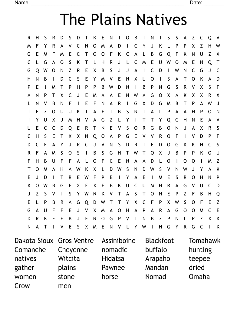 The Plains Natives Word Search