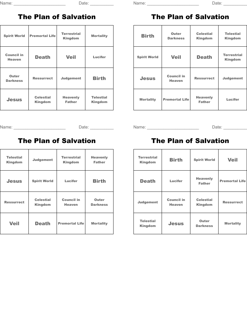 The Plan of Salvation Bingo Cards