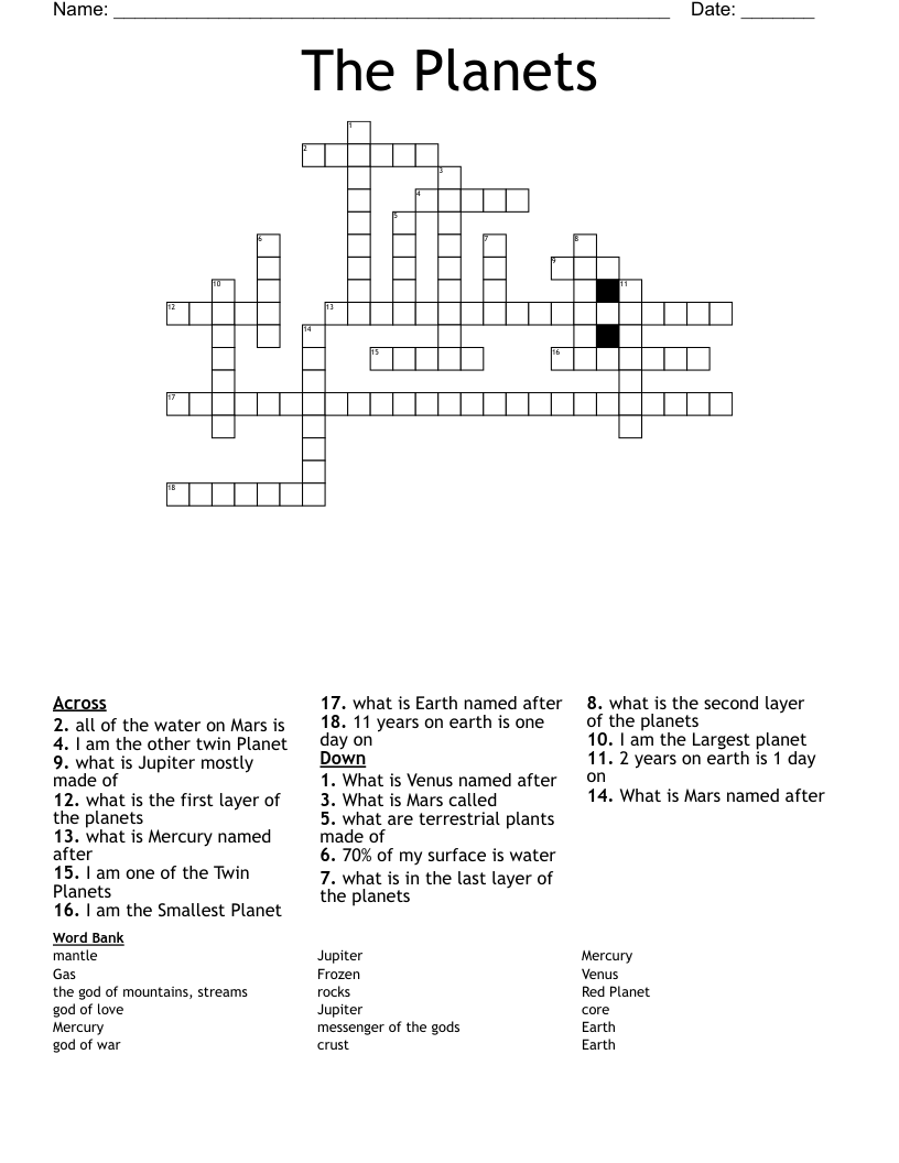 The Planets Crossword
