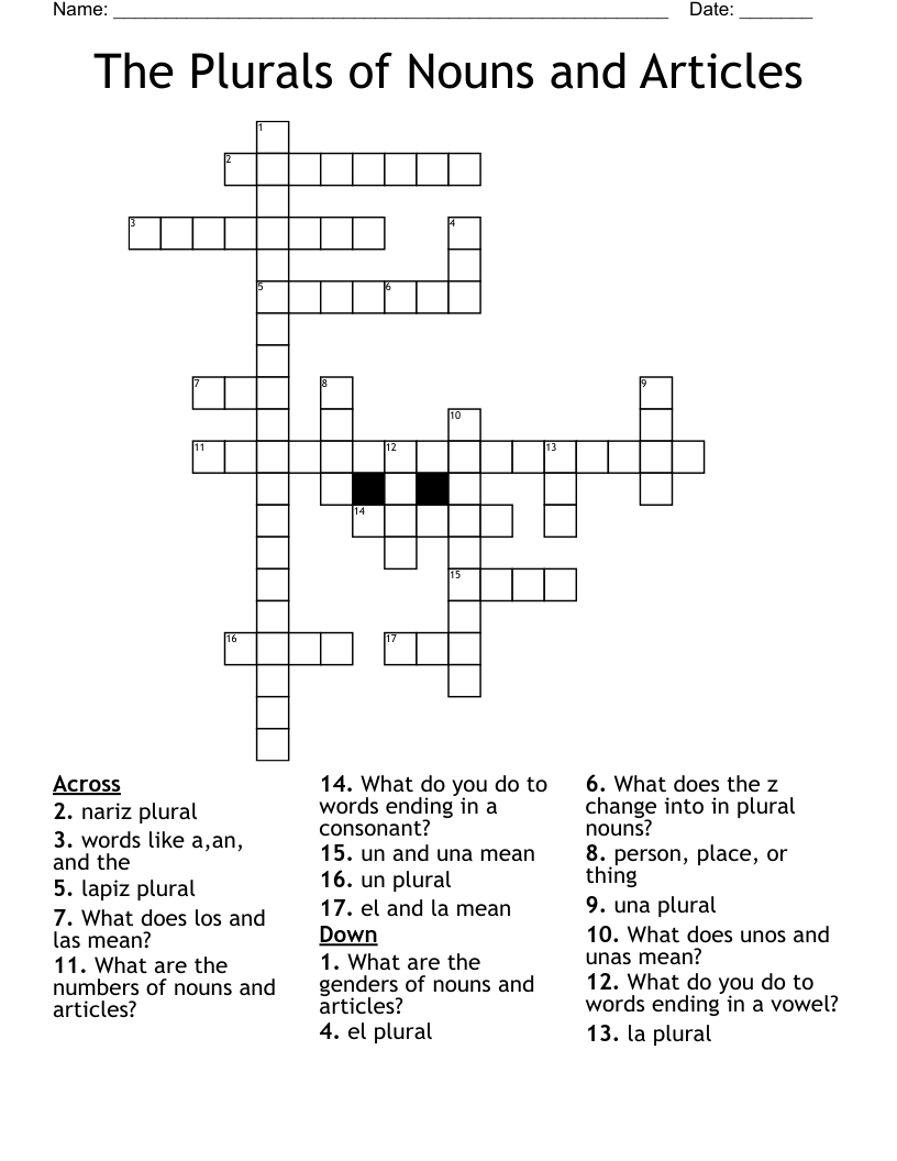 The Plurals of Nouns and Articles Crossword