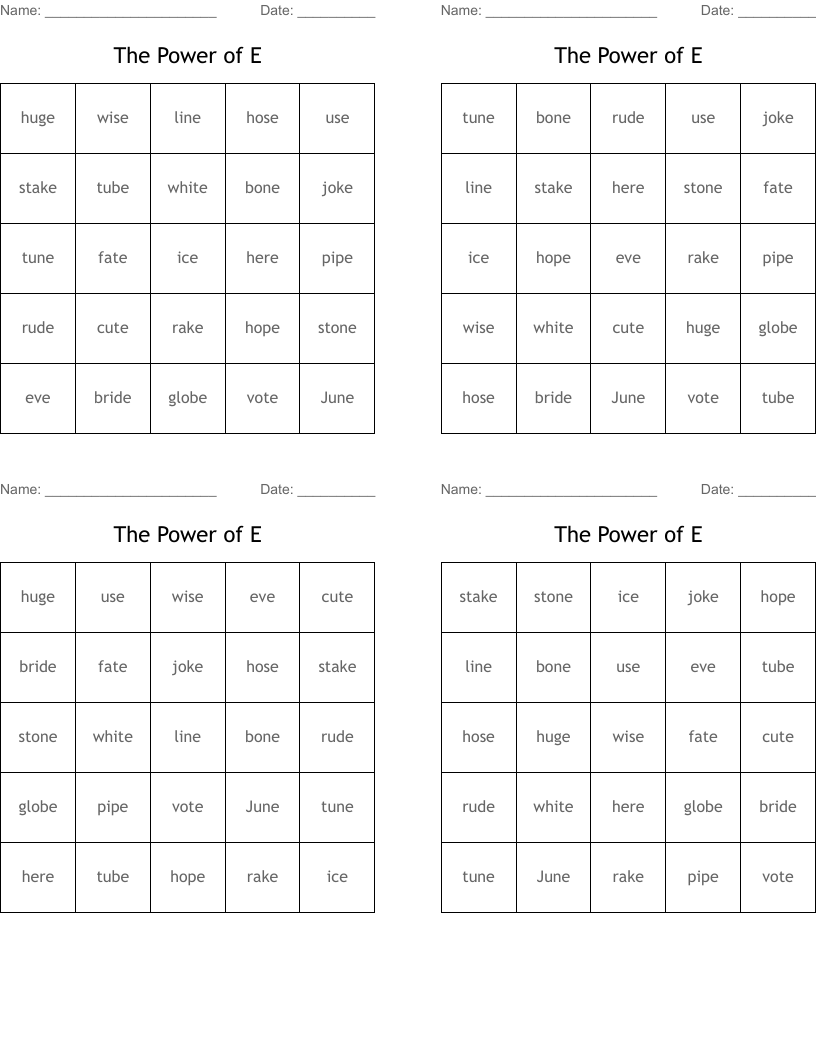The Power of E Bingo Cards