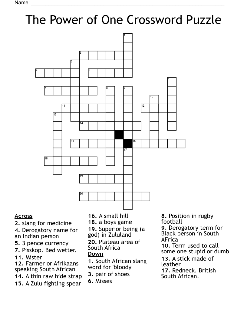 The Power of One Crossword Puzzle