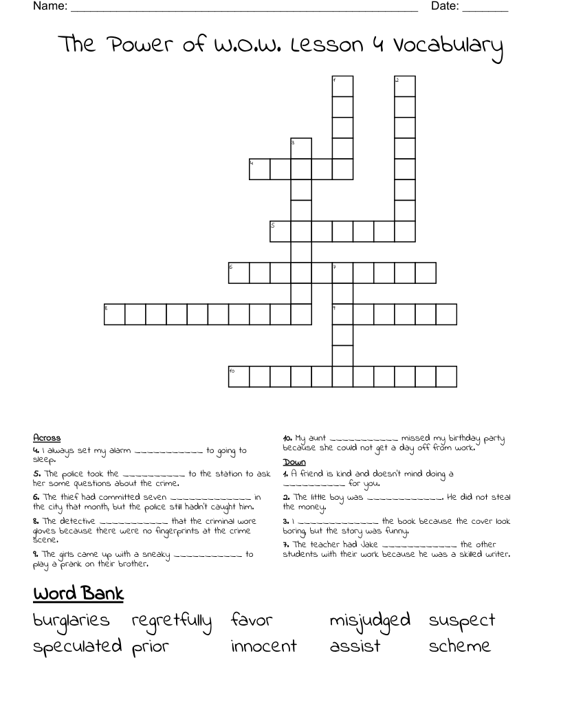 The Power of W.O.W. Lesson 4 Vocabulary Crossword