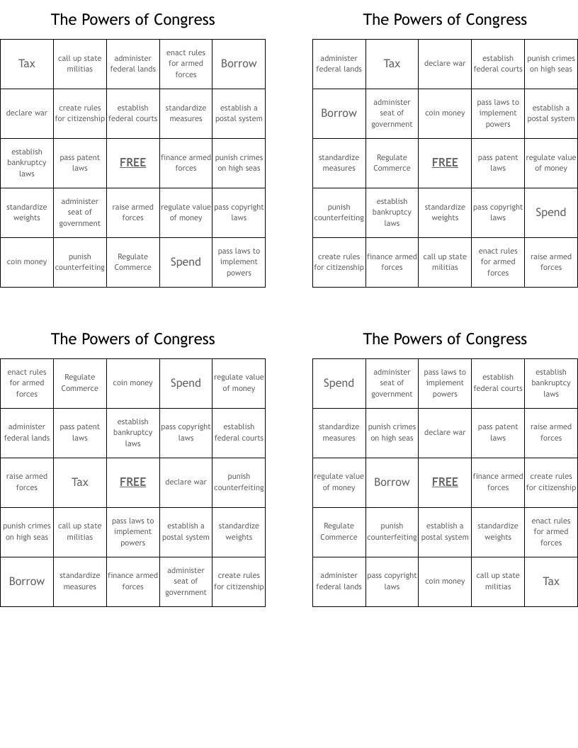The Powers of Congress Bingo Cards