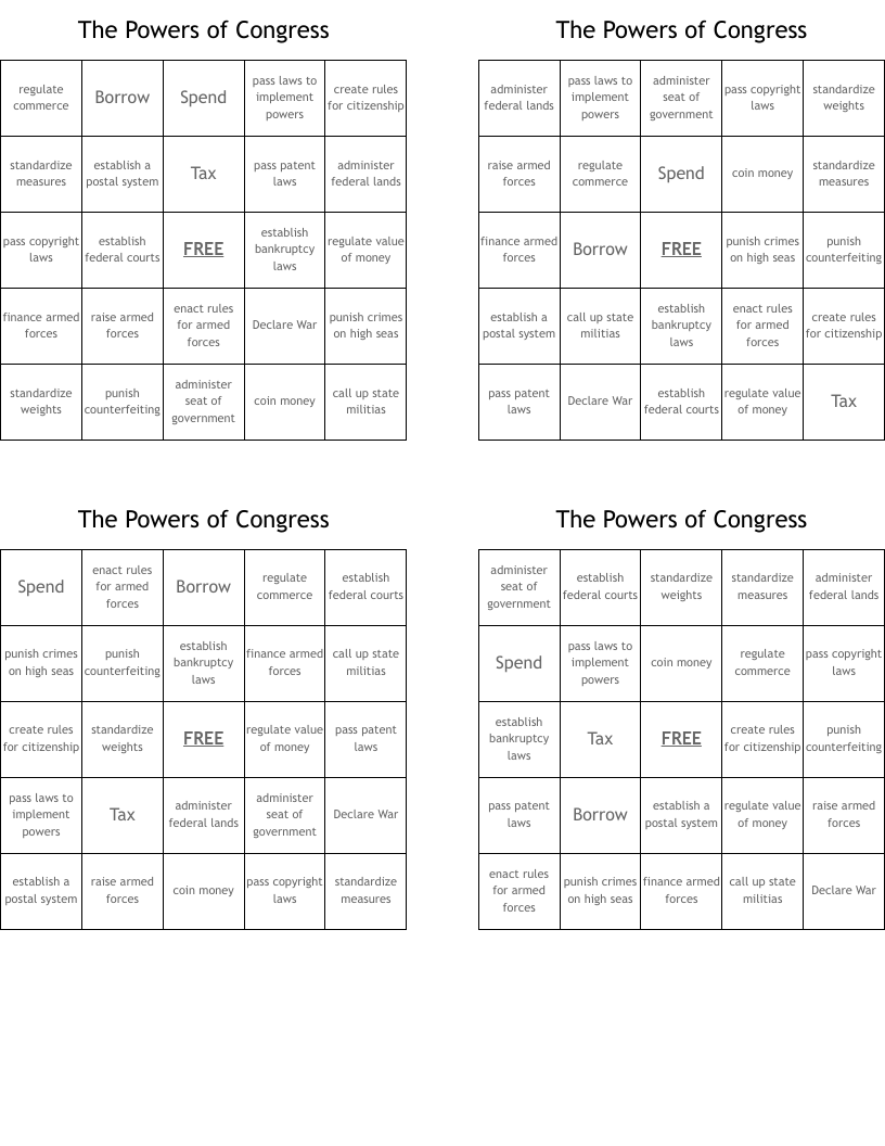 The Powers of Congress Bingo Cards