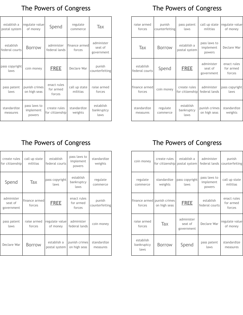 The Powers of Congress Bingo Cards