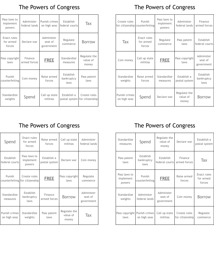 The Powers of Congress Bingo Cards