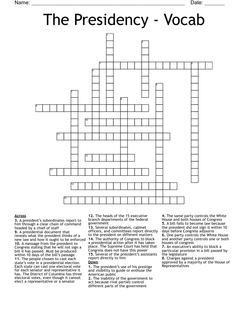 The Presidency - Vocab Crossword