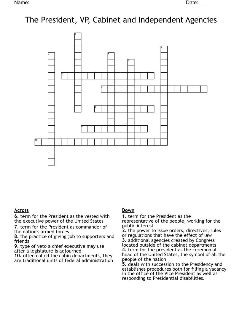 The President, VP, Cabinet and Independent Agencies Crossword
