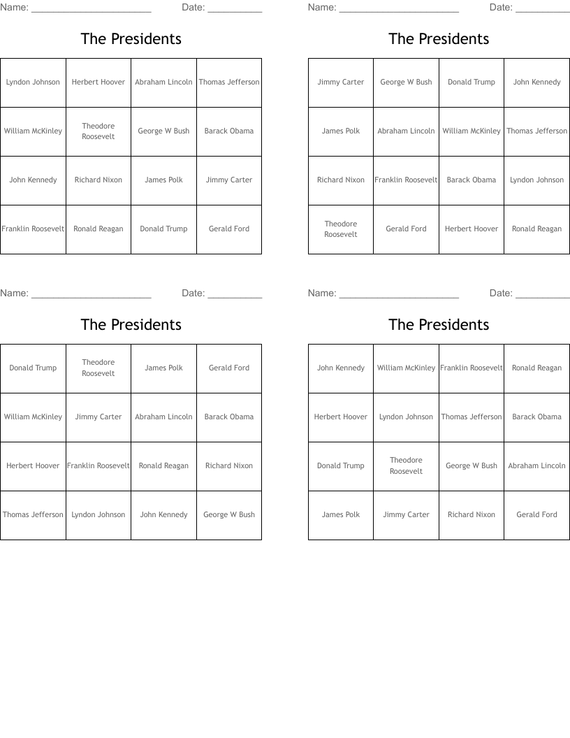 The Presidents Bingo Cards