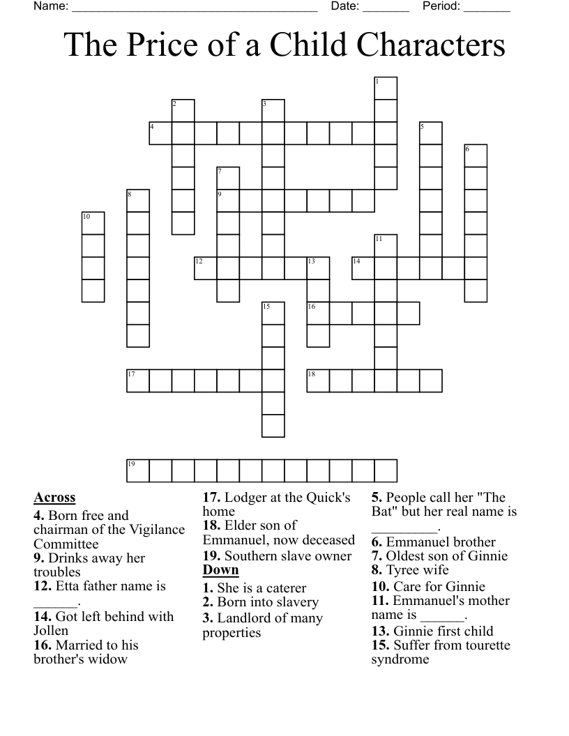 The Price of a Child Characters  Crossword