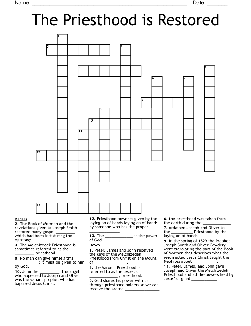 The Priesthood is Restored Crossword