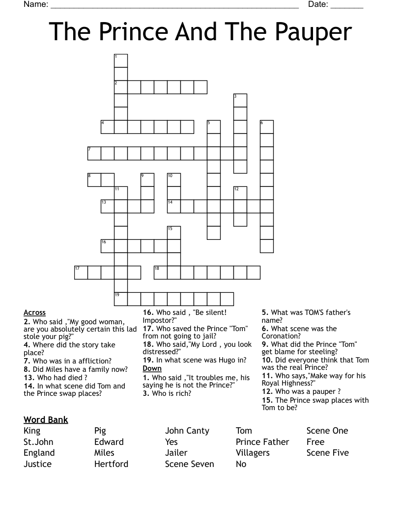 The Prince And The Pauper Crossword
