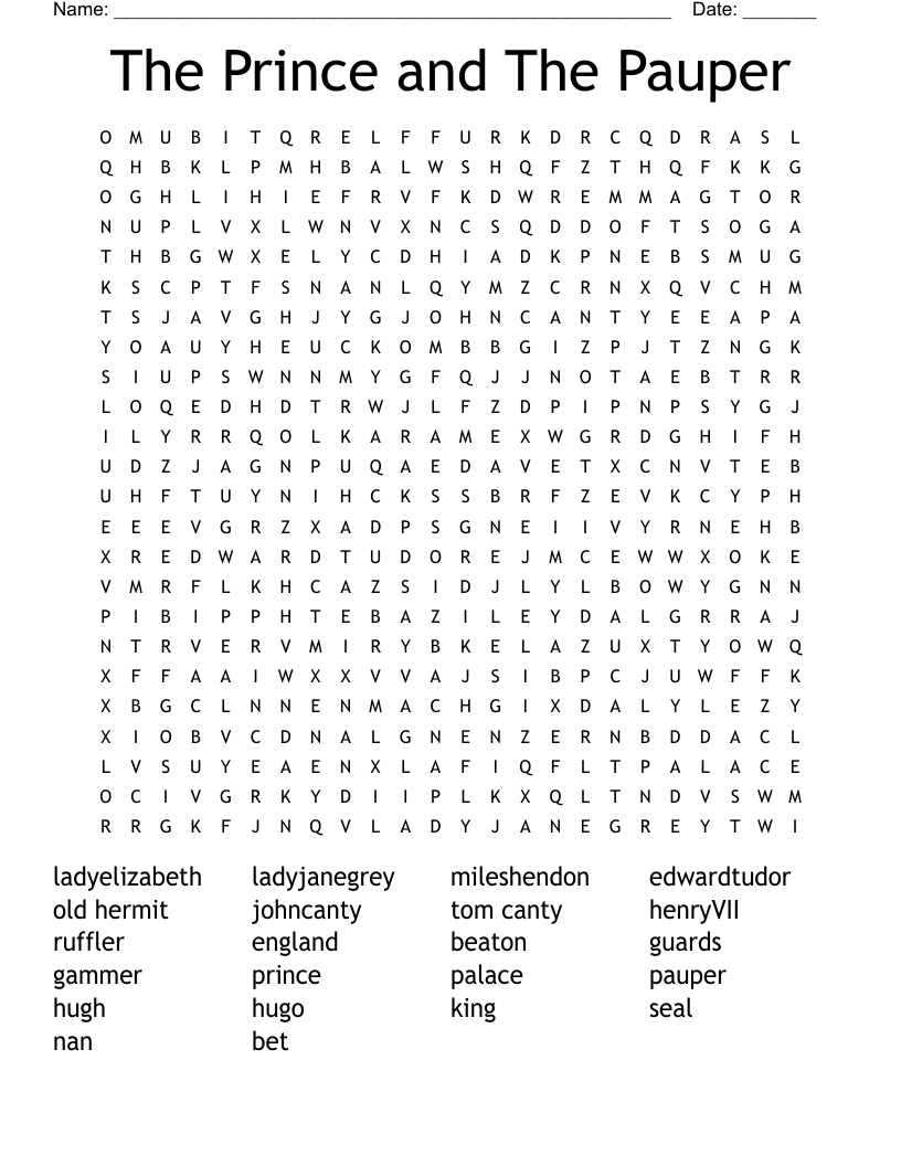 The Prince and The Pauper Word Search
