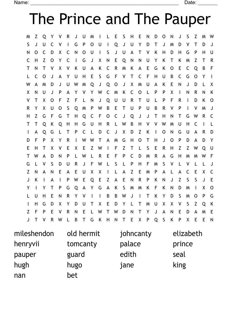 The Prince and The Pauper Word Search
