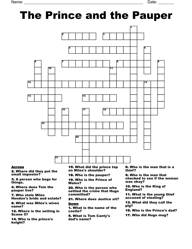 The Prince and the Pauper Crossword