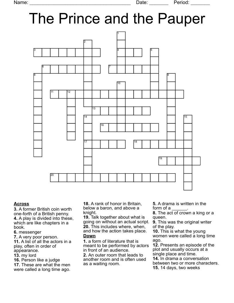 The Prince and the Pauper Crossword