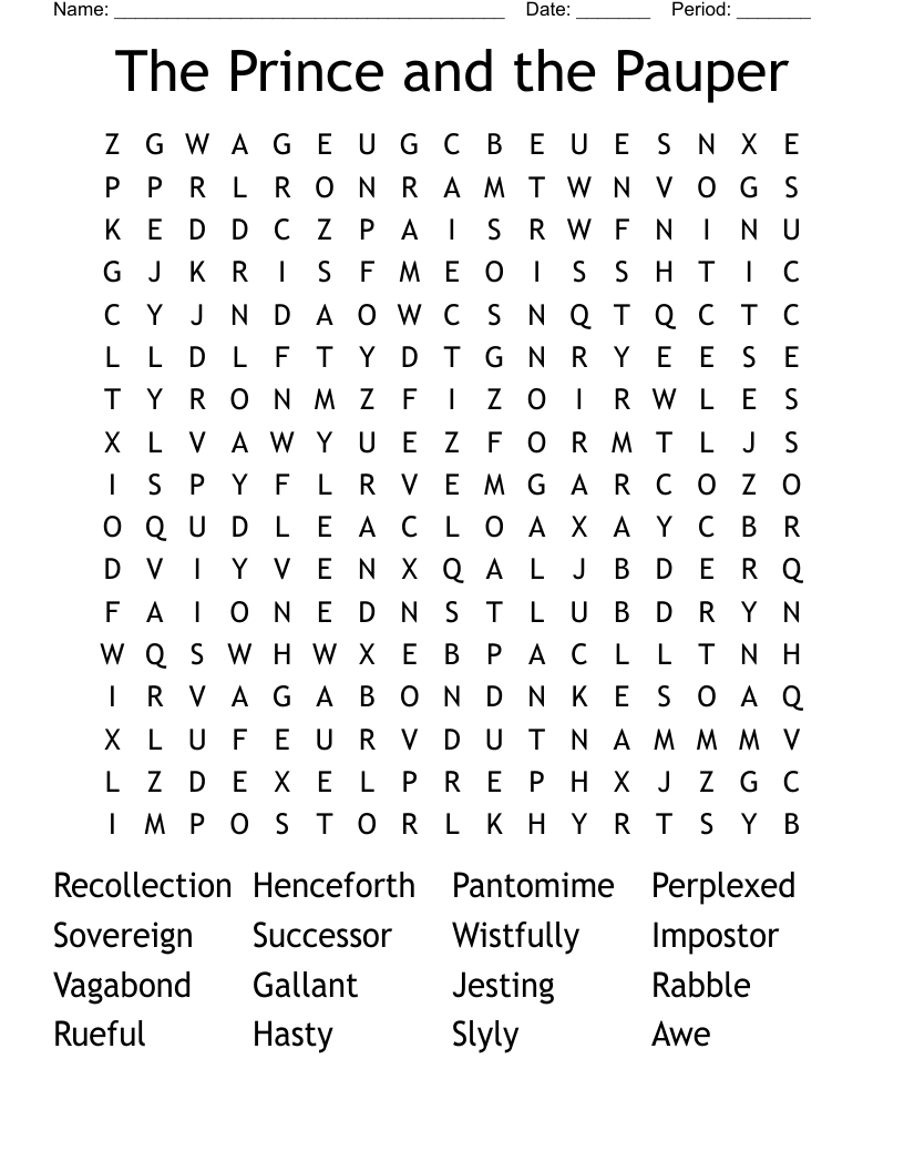 The Prince and the Pauper Word Search