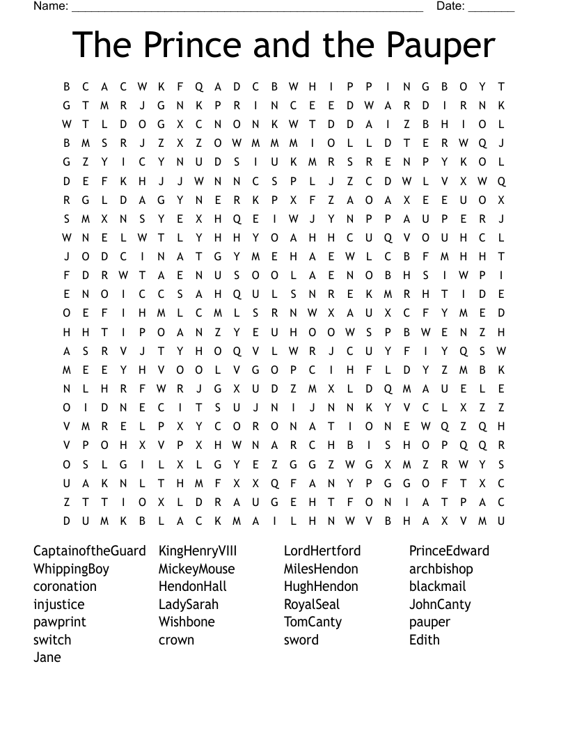 The Prince and the Pauper Word Search