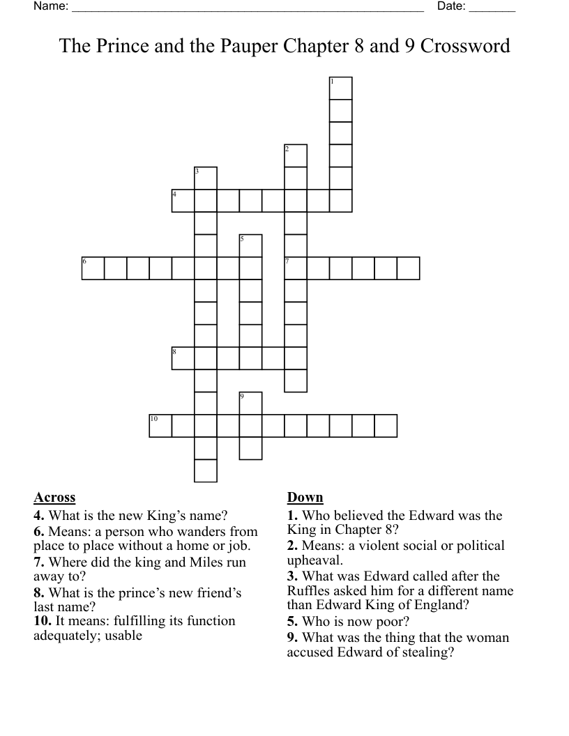 The Prince and the Pauper Chapter 8 and 9 Crossword