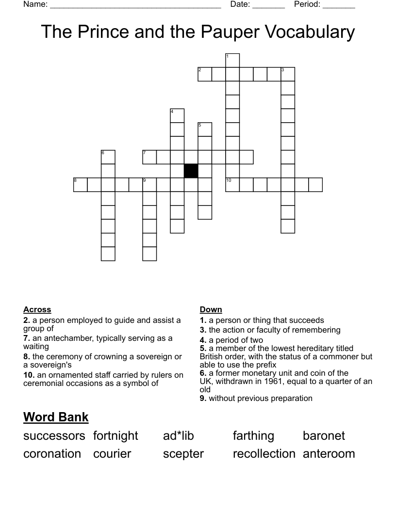 The Prince and the Pauper Vocabulary Crossword