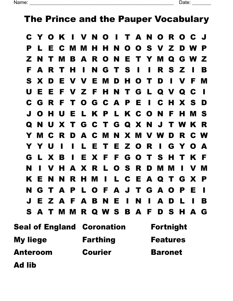 The Prince and the Pauper Vocabulary Word Search