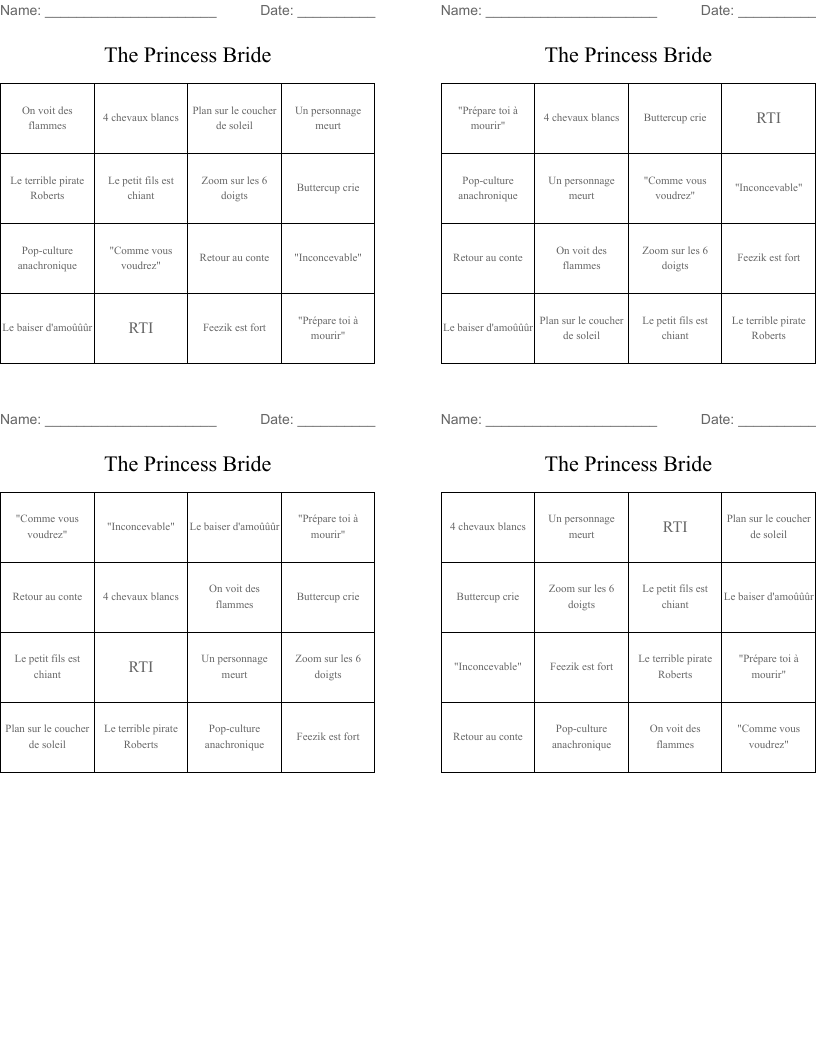 The Princess Bride Bingo Cards