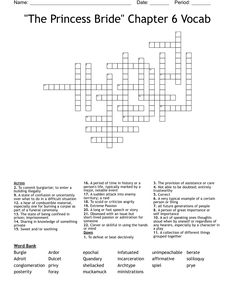 "The Princess Bride" Chapter 6 Vocab Crossword