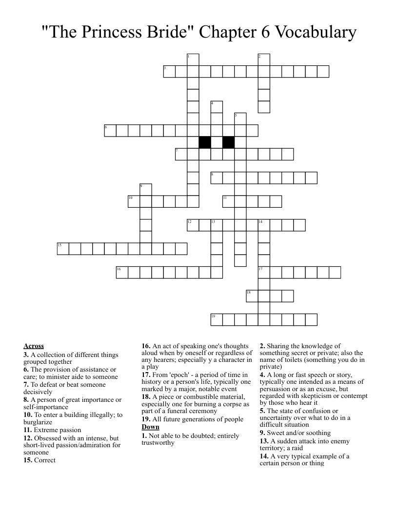 "The Princess Bride" Chapter 6 Vocabulary Crossword