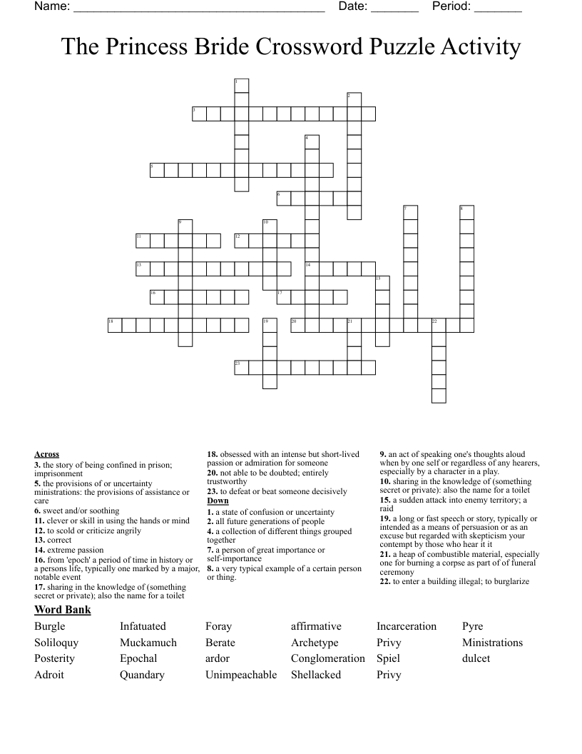 The Princess Bride Crossword Puzzle Activity