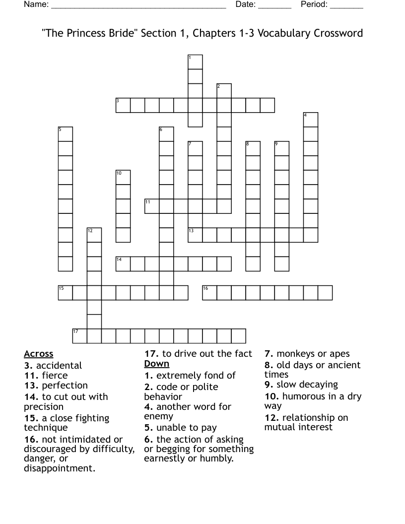 "The Princess Bride" Section 1, Chapters 1-3 Vocabulary Crossword
