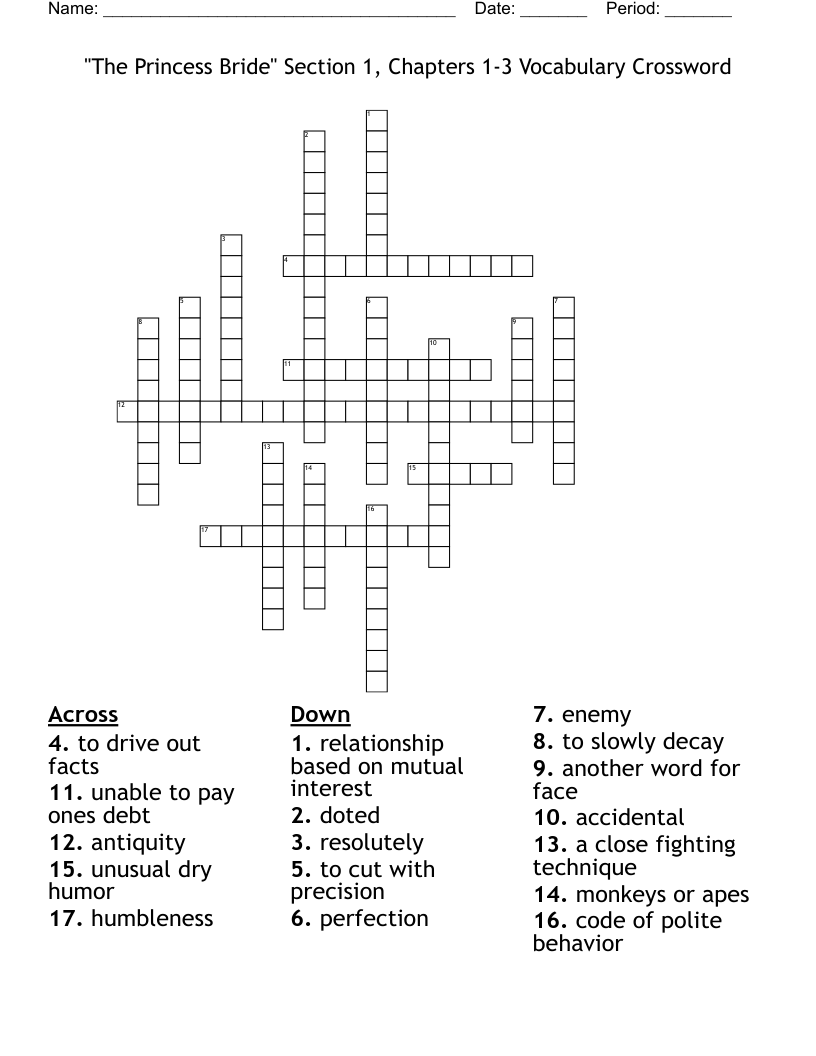 "The Princess Bride" Section 1, Chapters 1-3 Vocabulary Crossword