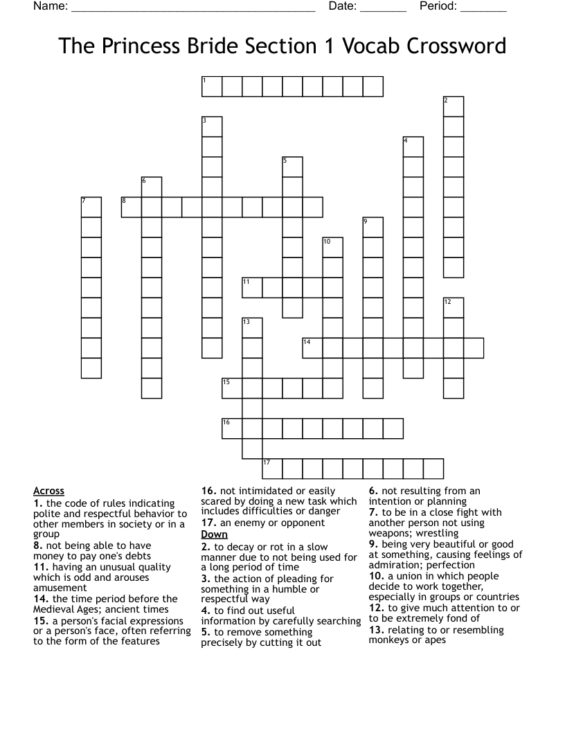 The Princess Bride Section 1 Vocab Crossword