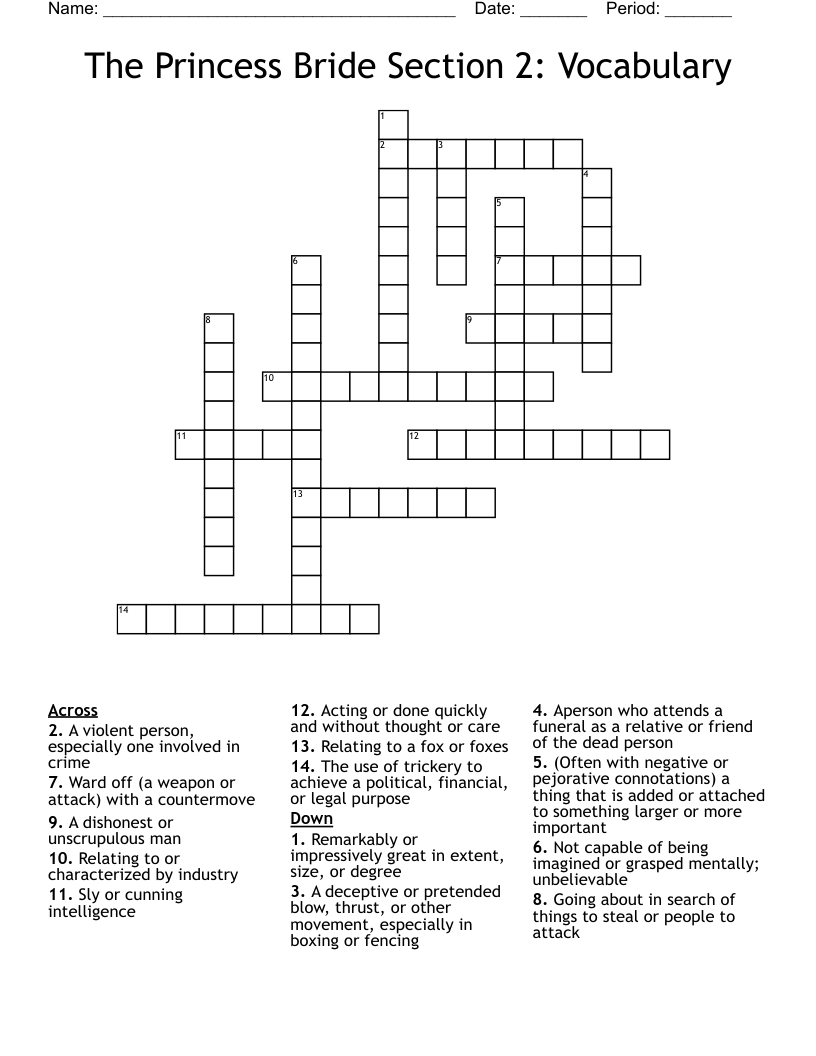The Princess Bride Section 2: Vocabulary Crossword