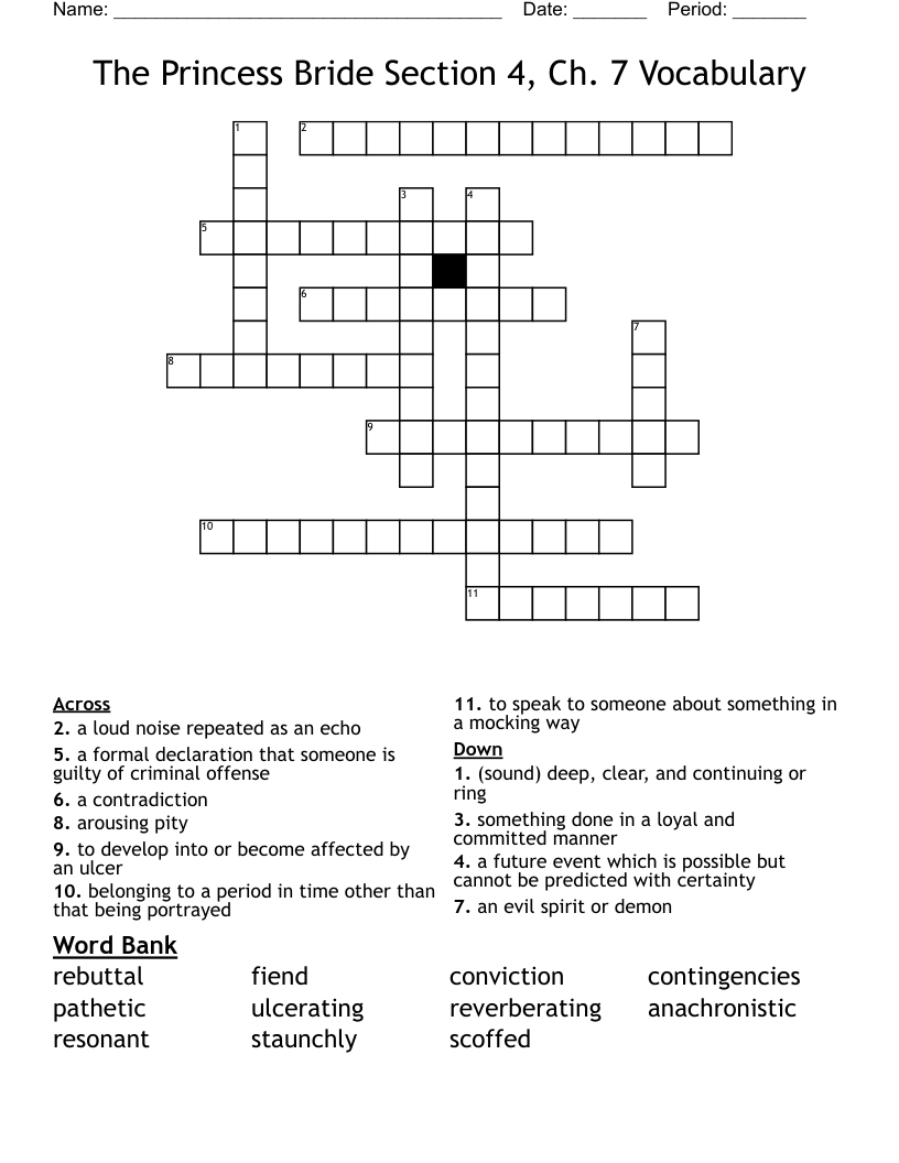 The Princess Bride Section 4, Ch. 7 Vocabulary Crossword