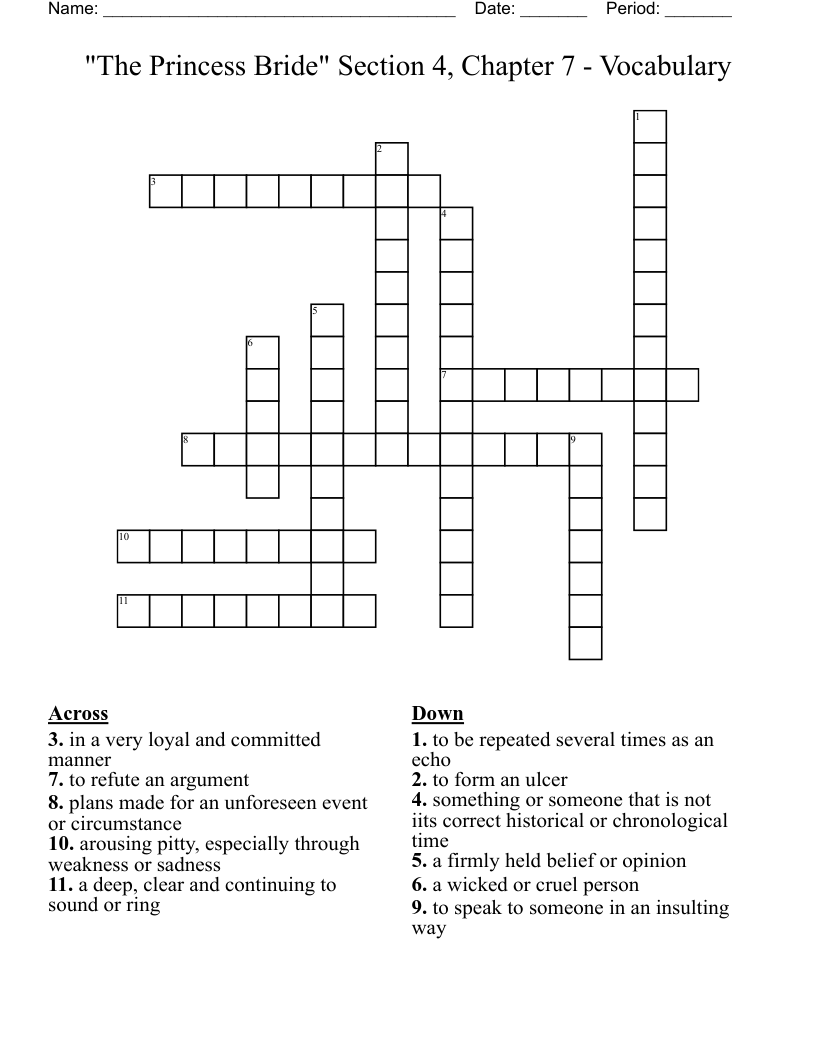 "The Princess Bride" Section 4, Chapter 7 - Vocabulary Crossword