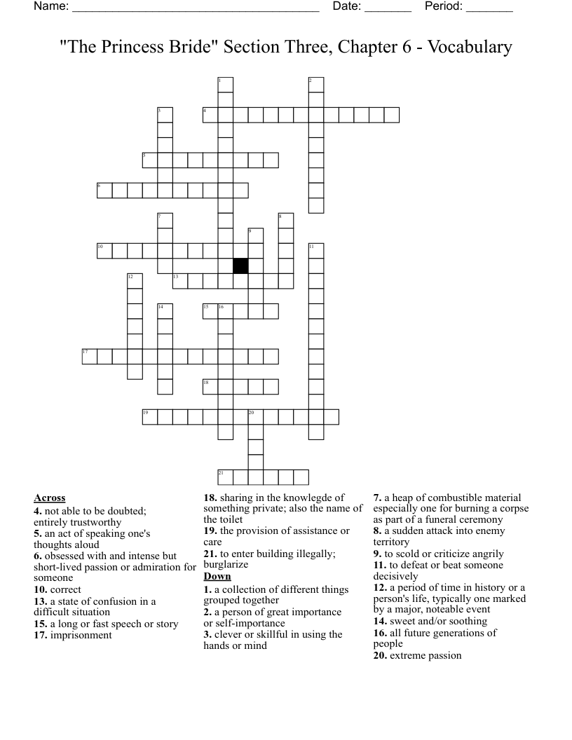 "The Princess Bride" Section Three, Chapter 6 - Vocabulary Crossword