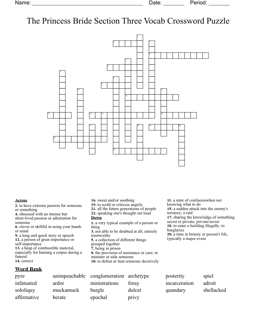 The Princess Bride Section Three Vocab Crossword Puzzle