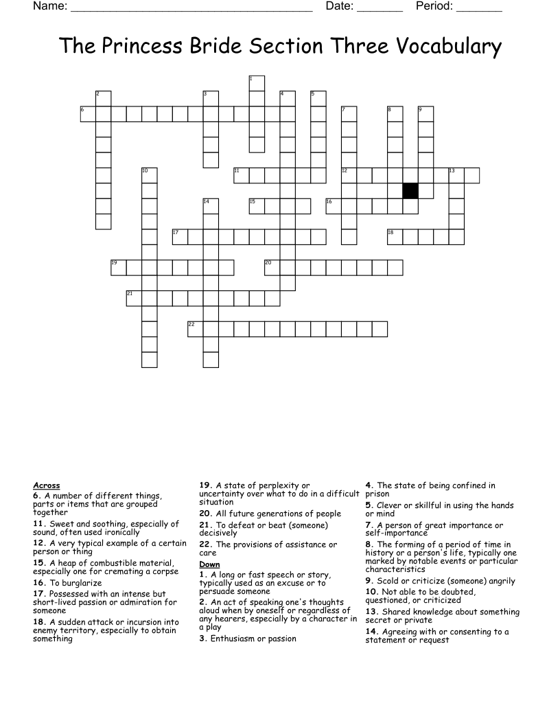The Princess Bride Section Three Vocabulary Crossword