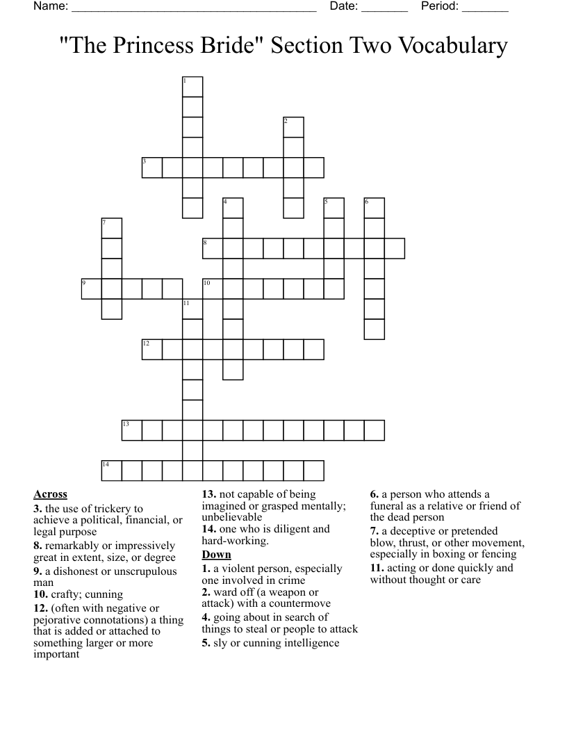 "The Princess Bride" Section Two Vocabulary Crossword