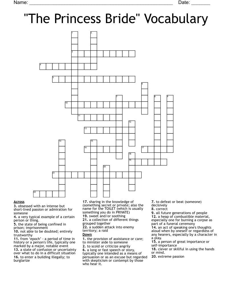 "The Princess Bride" Vocabulary Crossword