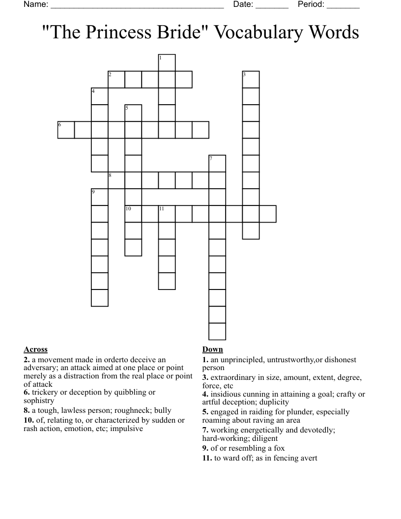 "The Princess Bride" Vocabulary Words Crossword